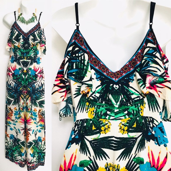 FLYING TOMATO Tropical Floral Ruffle JUMPSUIT Small - Picture 1 of 15